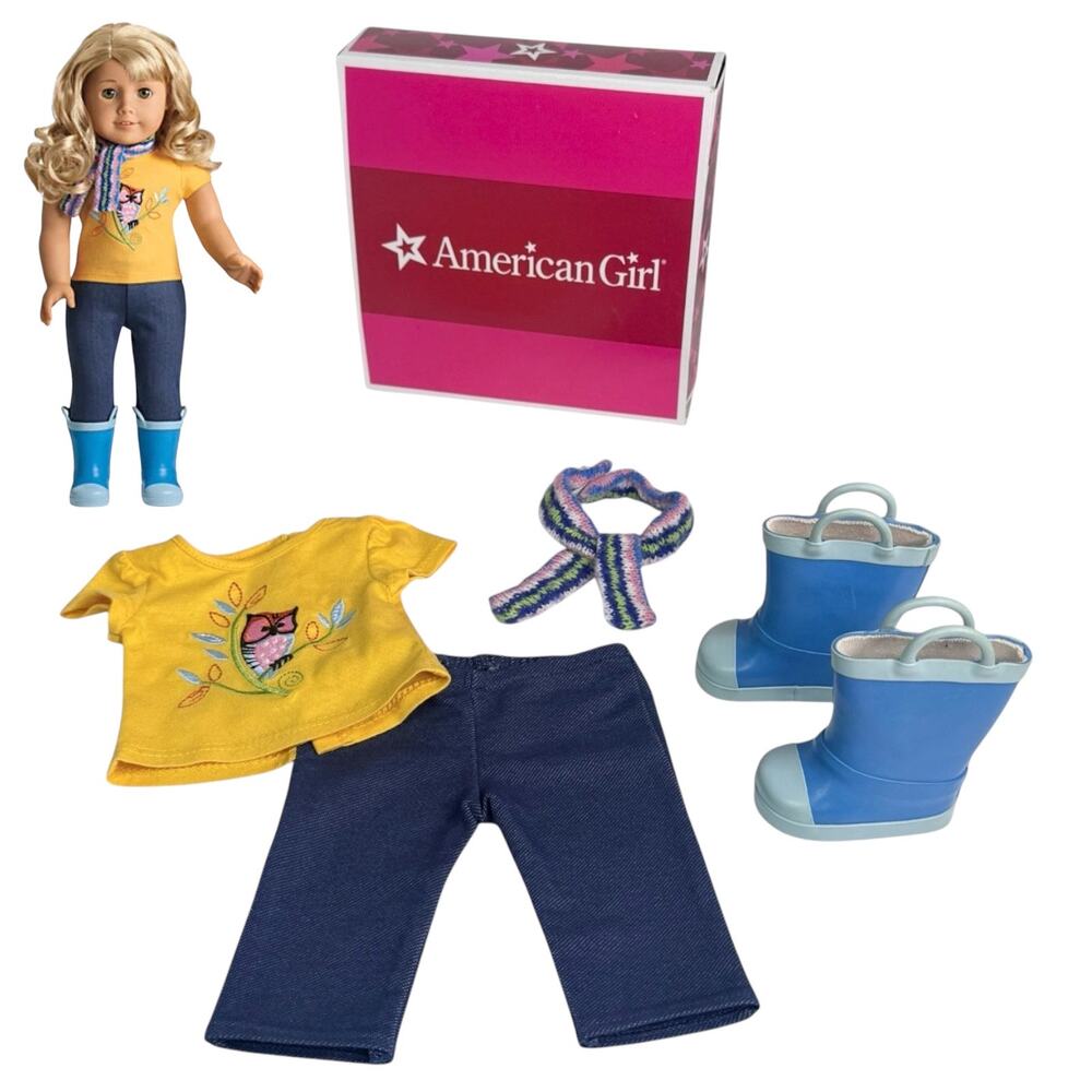 American Girl Lanie Nature Outfit Embroidery Top Pants Rubber Rain Boots Scarf
